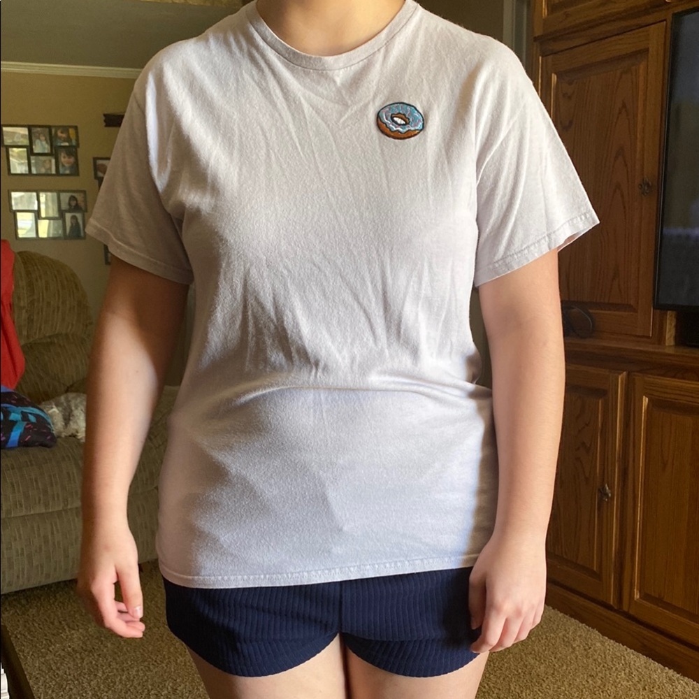 Casual White T-Shirt with Embroidered “Donut” patch